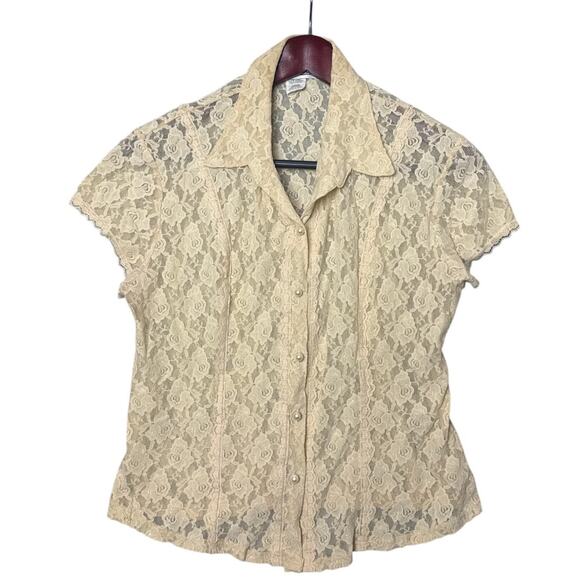Vtg Y2K Ecru Lace Button Up Blouse Cap Sleeve Collared SZ L Cottagecore Layering - Picture 1 of 6